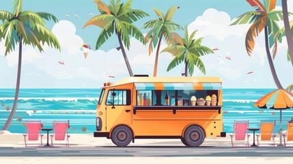 A Beachside Food Truck Serving Ice Cream And Cold Drinks To Beachgoers, Cartoon ,Flat color