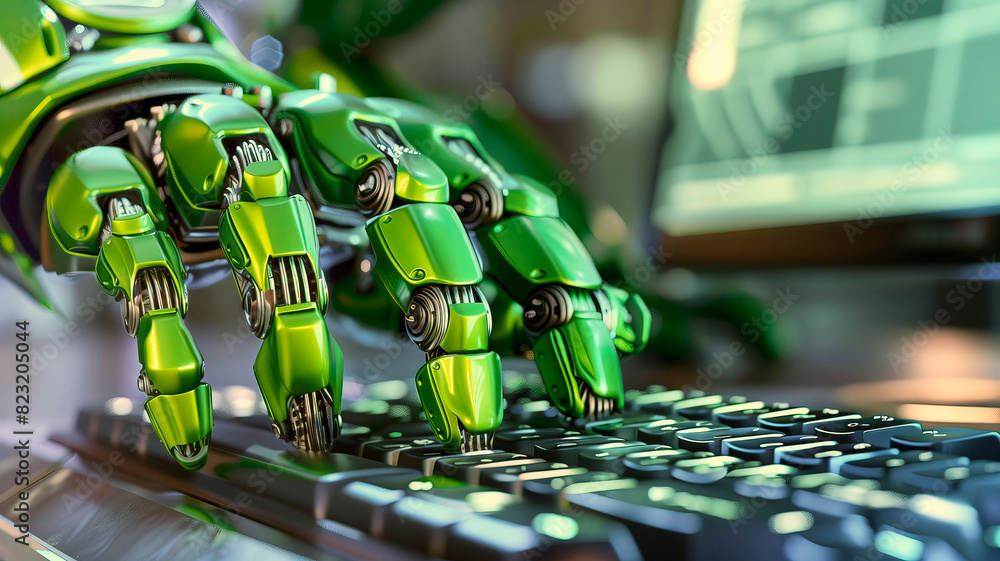 Poster Detailed green robotic hand typing on a modern illuminated computer keyboard with graphical data in the background