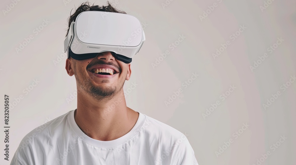 Poster a man smiling while wearing virtual reality glasses on a white background. generative ai