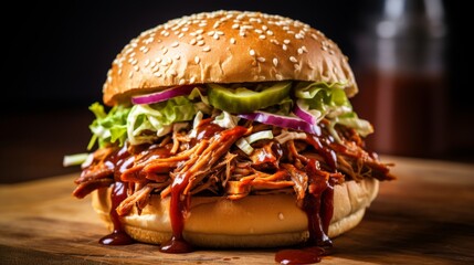 Close-up of mouthwatering pulled pork sandwich