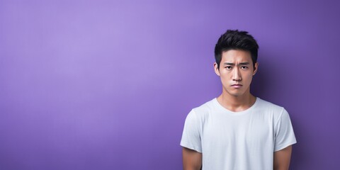 Violet background sad asian man realistic person portrait of young teenage beautiful bad mood expression boy Isolated on Background depression anxiety fear burn