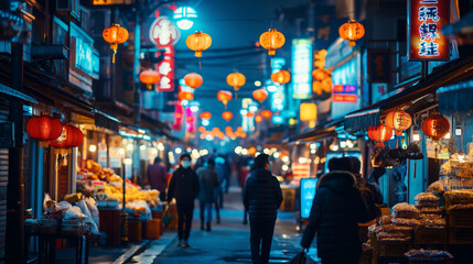 Naklejka premium Night market in an Asian city. 