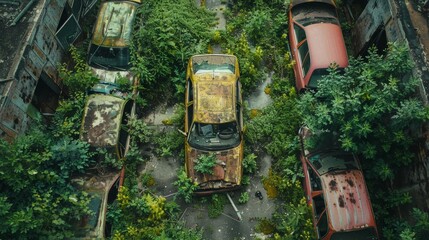 A row of old, rusted cars are parked in a lot