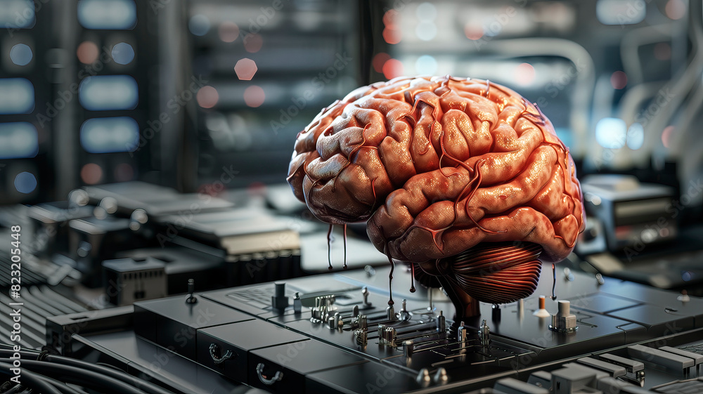 Poster Collage of a human brain merged with cuttingedge computing technology, representing advancements in ai and neural networks