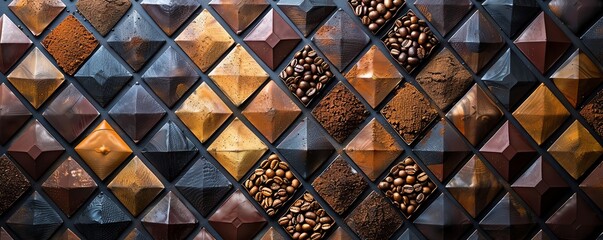 Close-up of a textured, geometric pattern with wooden and metallic elements, creating a rich, earthy mosaic design ideal for backgrounds and decoration.