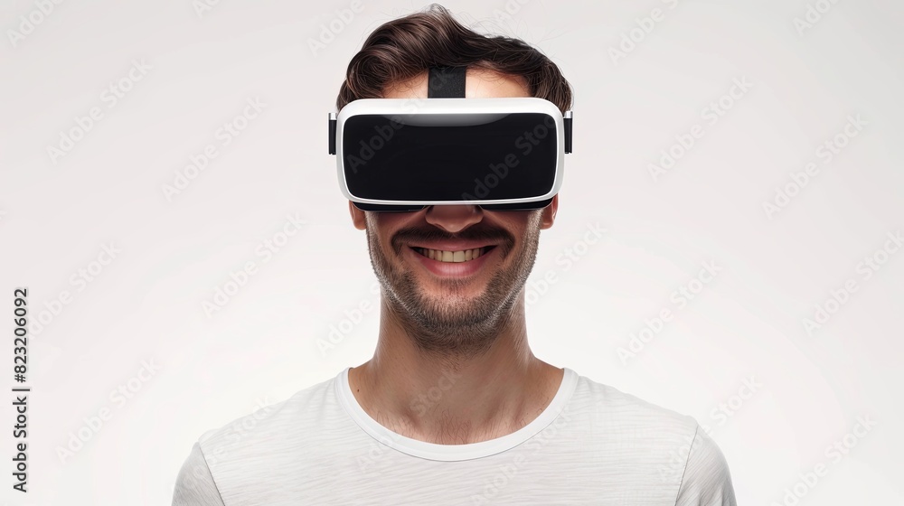 Poster a man wearing virtual reality headset, smiling in awe against a white background. generative ai