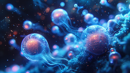 Fototapeta premium A mesmerizing scene unfolds as a group of jellyfish gracefully float in the serene waters, their translucent bodies glowing in the sunlight