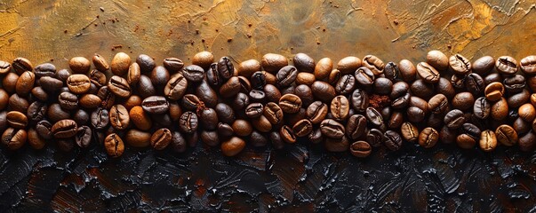 Close-up of roasted coffee beans on textured background, showcasing rich brown tones and detailed textures. Perfect for coffee-related designs.