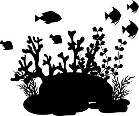 Coral And Seaweed With Fish Silhouette