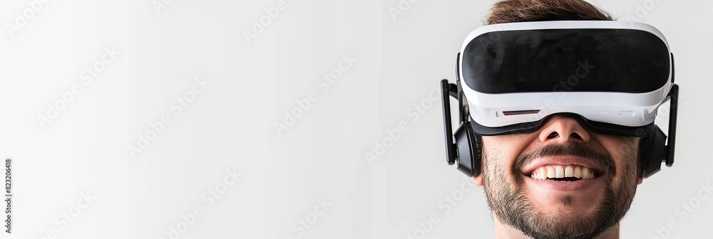 Poster a man joyfully explores virtual reality, adorned with white vr goggles, against a blank backdrop. ge