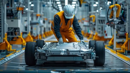 Fototapeta premium A man in a yellow and orange safety vest is working on a car