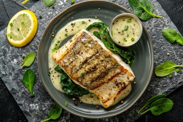 Branzino or Seabass Fillet with Bisque Sauce and Spinach with Grilled Spigola or Sea Bass on Dark Stone