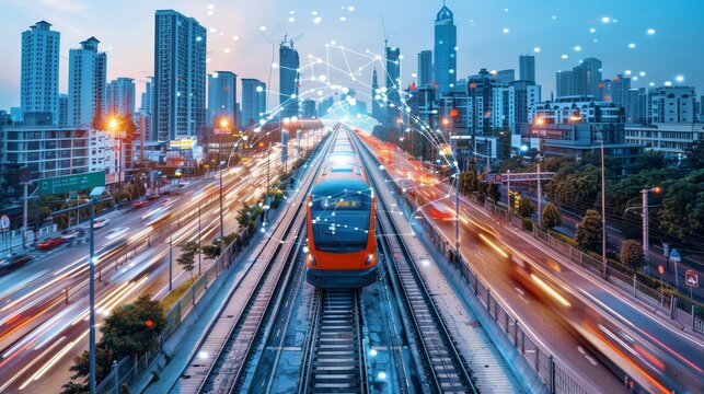 A yellow train is on the tracks in a city