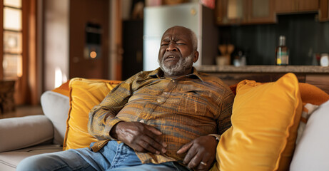 Fototapeta premium An elderly man sits comfortably on a sofa amidst bright yellow pillows in a warmly lit living room, possibly reminiscing or deep in thought