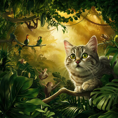 A cat is playing in jungle