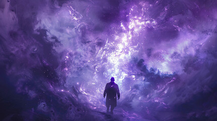 Obraz premium Futuristic man in a helmet, gazing at the cosmos with a glowing purple backdrop