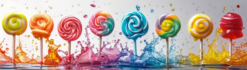 Colorful lollipops in a row with vibrant splash of paint background, depicting a fun and lively candy theme.
