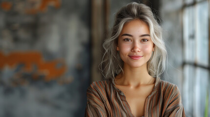Obraz premium A serene woman with grey hair stands gracefully in front of a large window, gazing outwards with a contemplative expression