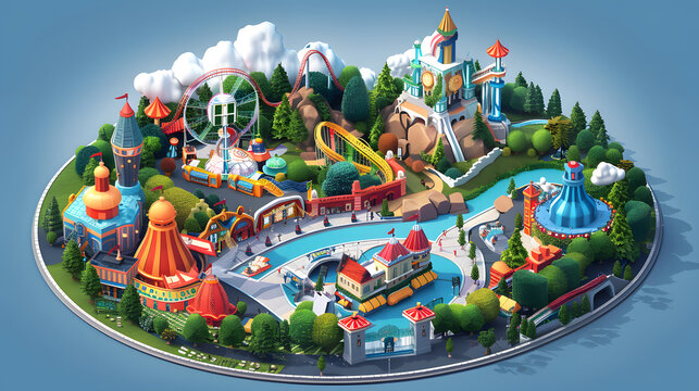 3D model of a theme park on a blue background.