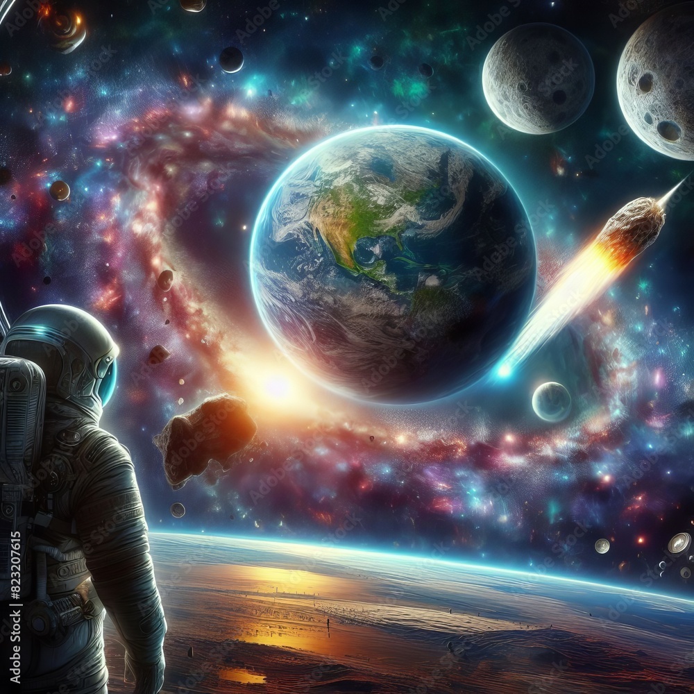 Poster an astronaut gazes at earth amidst a cosmic backdrop with planets and a meteor, encapsulating the va