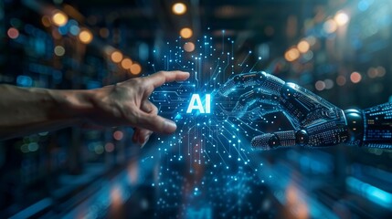 A human and robotic hand reach for an AI hologram, symbolizing the collaboration between humans and technology.