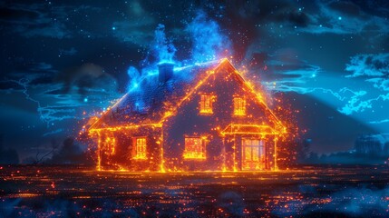 A house engulfed in flames against a dark, stormy sky. The fire burns brightly, casting an eerie glow on the surrounding landscape.
