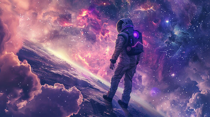 Obraz premium Futuristic man in a helmet, gazing at the cosmos with a glowing purple backdrop