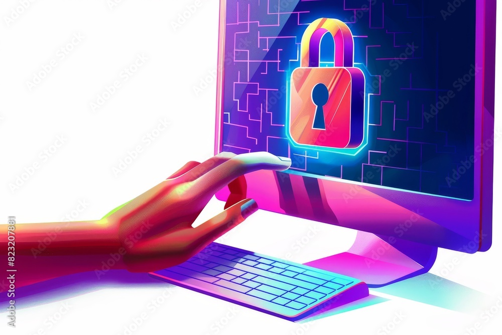 Poster futuristic cybersecurity interface with neon lock and hand interaction