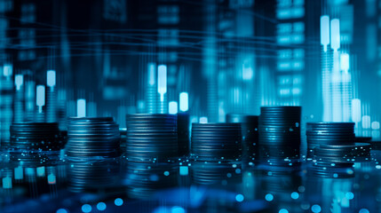 Shiny stacks of coins shimmer atop a wooden table, symbolizing prosperity and financial success