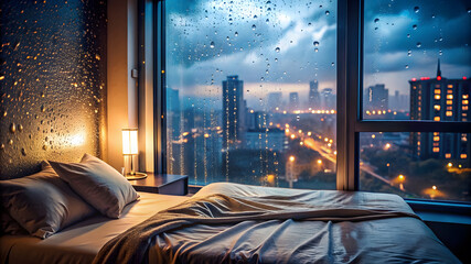 Cozy Bedroom with Window View on a Rainy Night. Perfect for: National Sleep Comfort Month, World Sleep Day, National Relaxation Day.