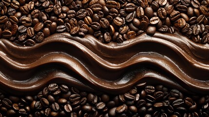 Delicious, dark roasted coffee beans combined with flowing melted chocolate, creating a visually satisfying and tempting composition.