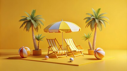 Obraz premium Two beach chairs under a striped umbrella with palm trees and beach balls on a yellow background. Summer vacation scene.