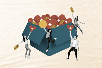 Composite collage of beige color background donation charity man lady group collect help heart...
