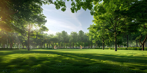 Beautiful public park with green grass field on morning light , A park with a tree and a bench in the middle