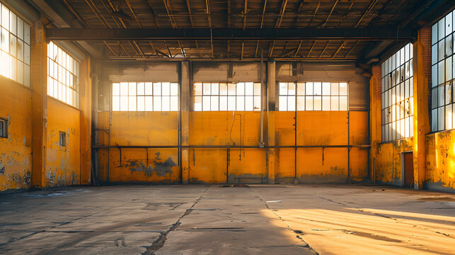 An empty warehouse with yellow walls and sunlight streaming through the windows.
