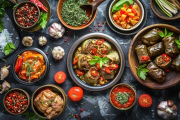 Dolma Set, Buglama with Lamb Shin, Vegetables, Fragrant Herbs. Sarma, Dolmades, Dolmadakia