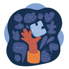 Cartoon vector illustration of Man's hand in suit holding one puzzle element over dark background