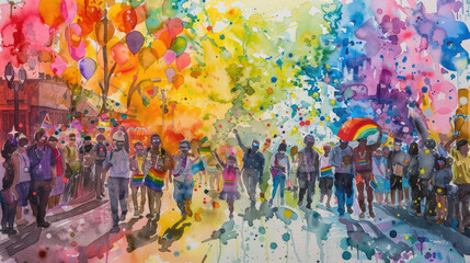 Fototapeta premium A colorful watercolor painting depicting a lively pride parade with individuals of various ages and backgrounds marching together, surrounded by splashes of rainbow hues and festive decorations