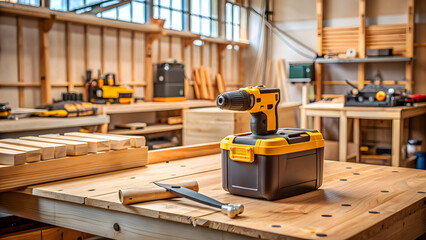 Power Tool Battery on Wooden Countertop in Defocused Construction Workshop. Perfect for: National Tradesmen Day, International Workers' Day, DIY Enthusiast Day.