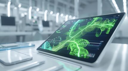 A futuristic tablet computer sits on a table in a modern laboratory