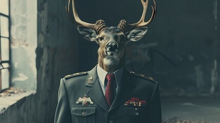 Military man in a suit with a deer head. Generative Ai