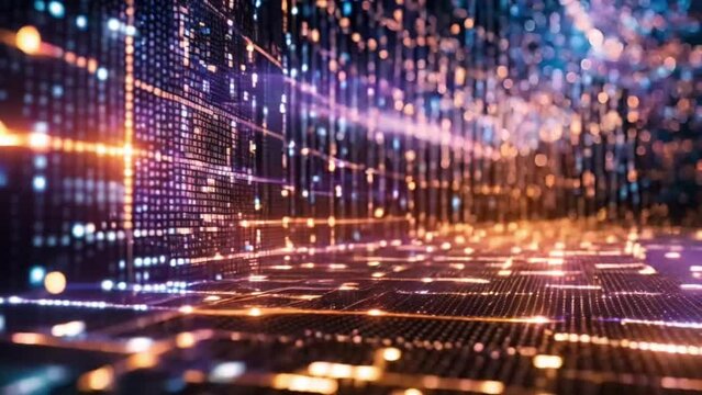 Abstract digital data stream visual. High-speed light particles. Cybersecurity and technology concept.4k JD