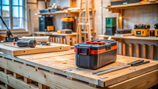 Power Tool Battery on Wooden Countertop in Defocused Construction Workshop. Perfect for: National Tradesmen Day, International Workers' Day, DIY Enthusiast Day.
