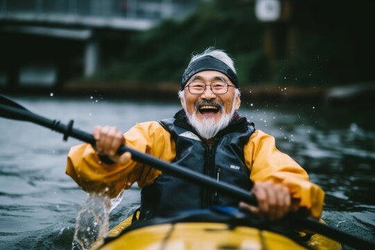 Happy senior Japanese man paddling kayak in rain
