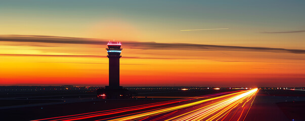 Airport at golden hour, control tower silhouette, neon light trails, sunset hues, smooth motion