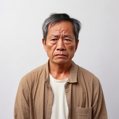 Beige background sad Asian man. Portrait of older mid-aged person beautiful bad mood expression boy Isolated on Background depression anxiety fear burn out health issue problem