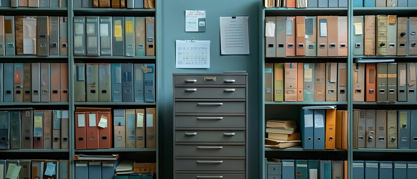 A large metal filing cabinet sits in front of a wall of shelves filled with old dusty file folders.