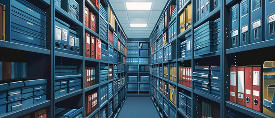 A long, narrow storeroom with shelves on both sides filled with files and boxes