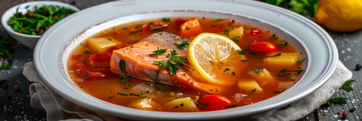 Fish Soup, Bouillabaisse, Cullen Skink, Ukha or Solyanka with Salmon, Trout or Tuna Fillet, Fish Broth