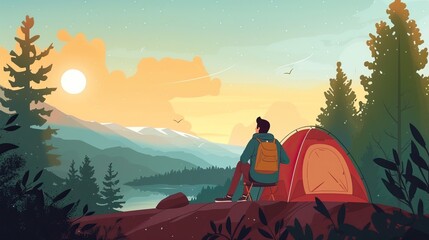 A person camping on a hill overlooking a scenic lake and mountains during sunset, with a tent and backpack.